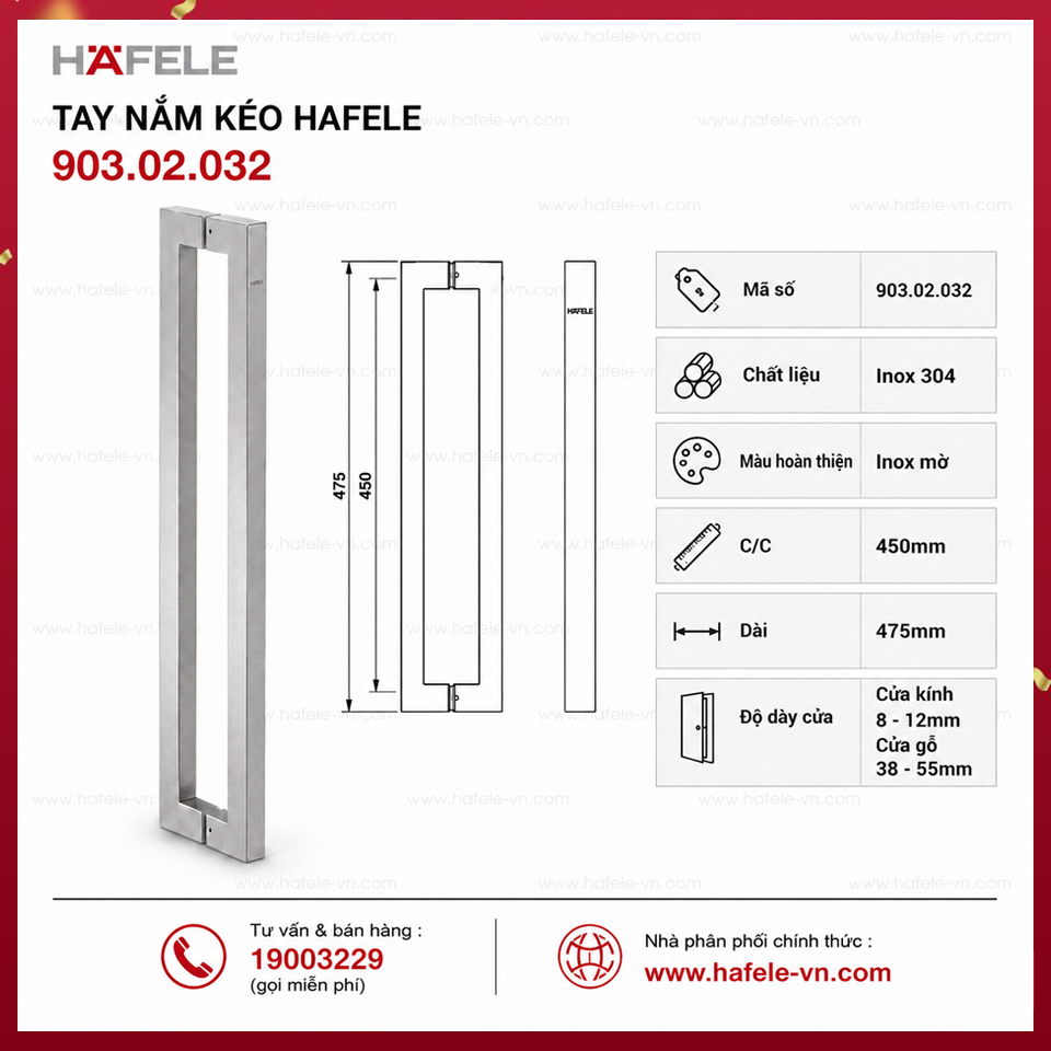Tay Nắm Kéo Dạng Vuông C/C 450 Hafele 903.02.032