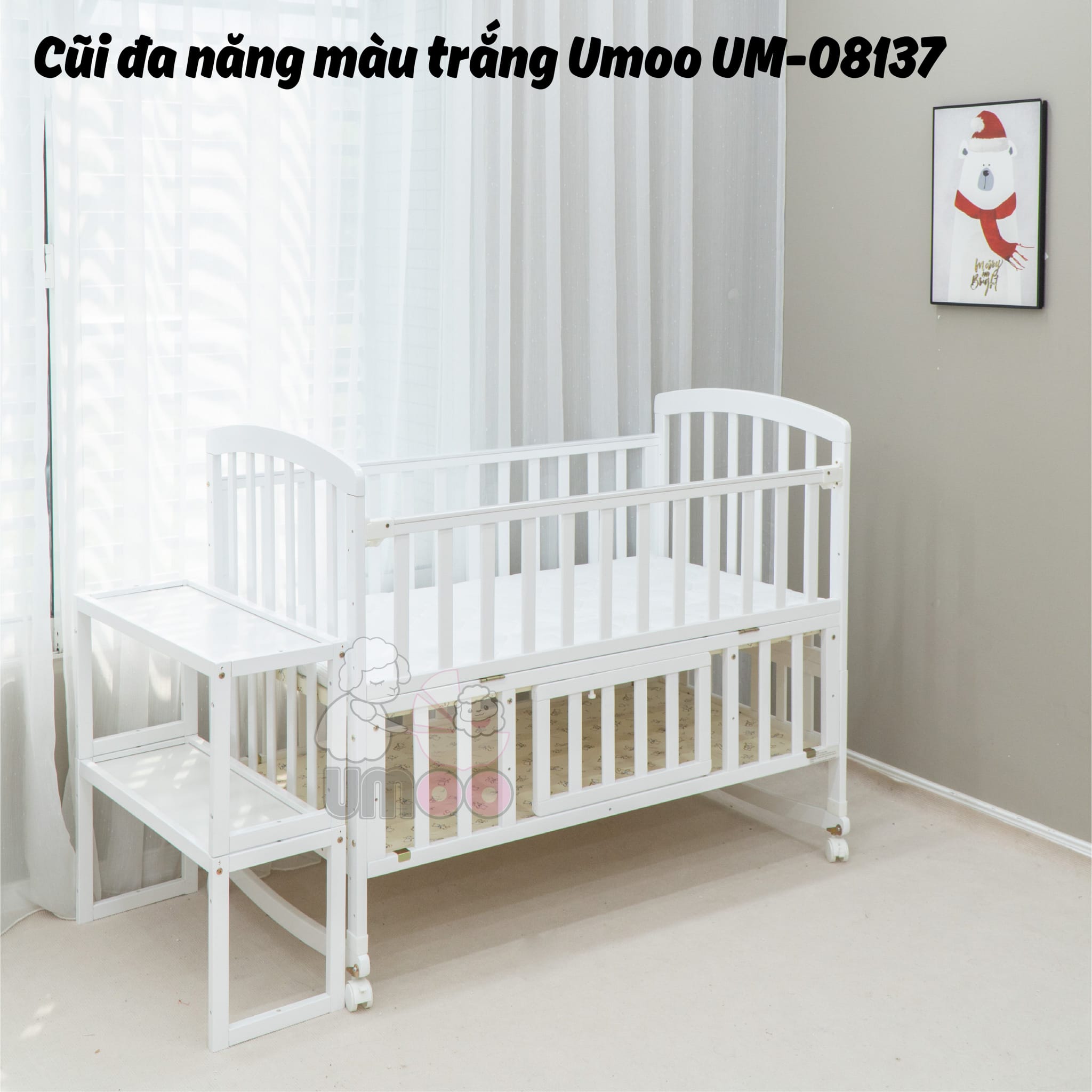 Cũi gỗ đa năng sơn trắng Umoo