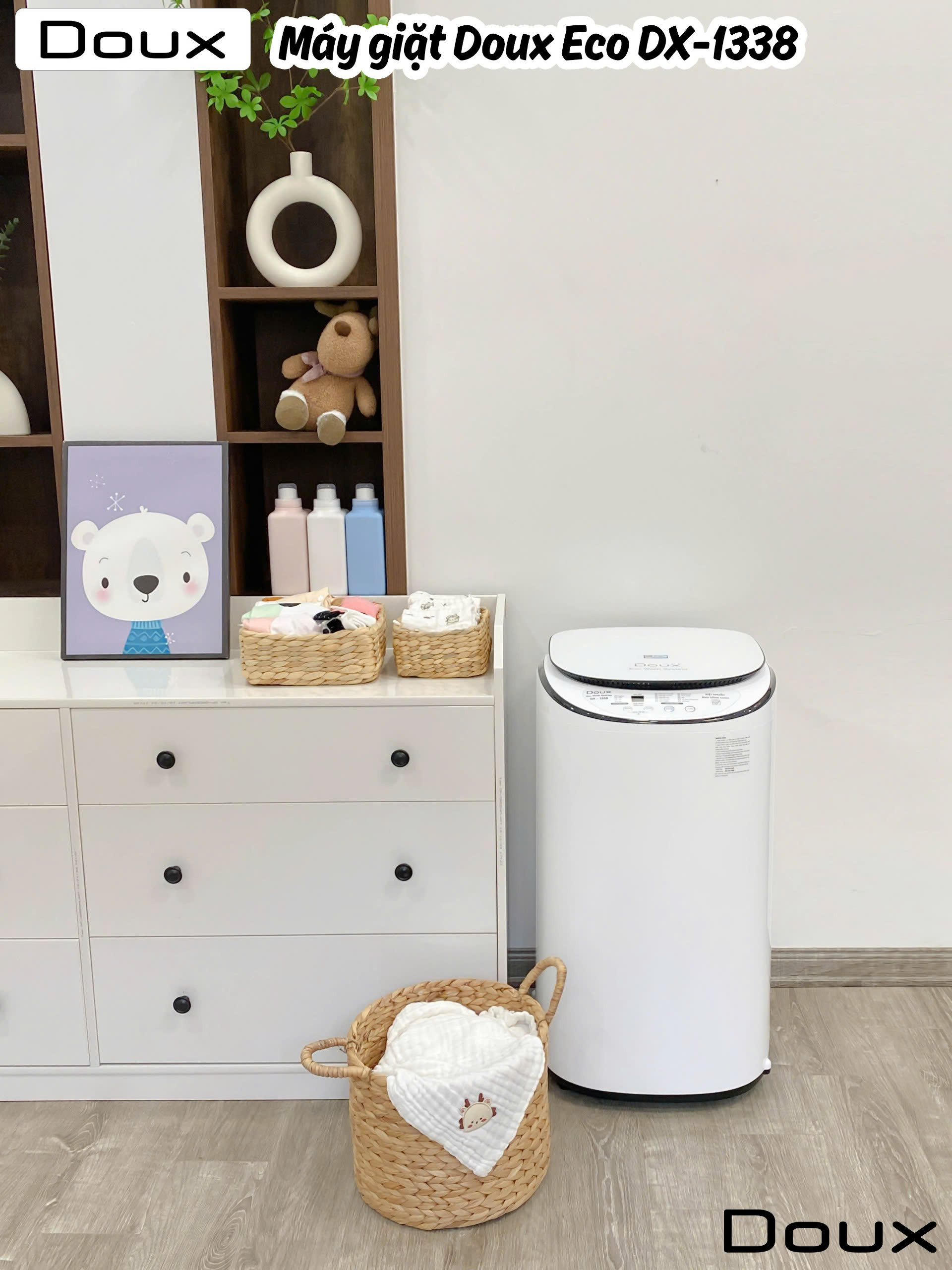 Máy Giặt Mini Doux Eco DX-1338 3.0kg, Giặt Đồ Riêng Cho Bé, 10 Chức Năng, Công Nghệ Diệt Khuẩn Ánh Sáng Xanh, Khóa Trẻ Em An Toàn