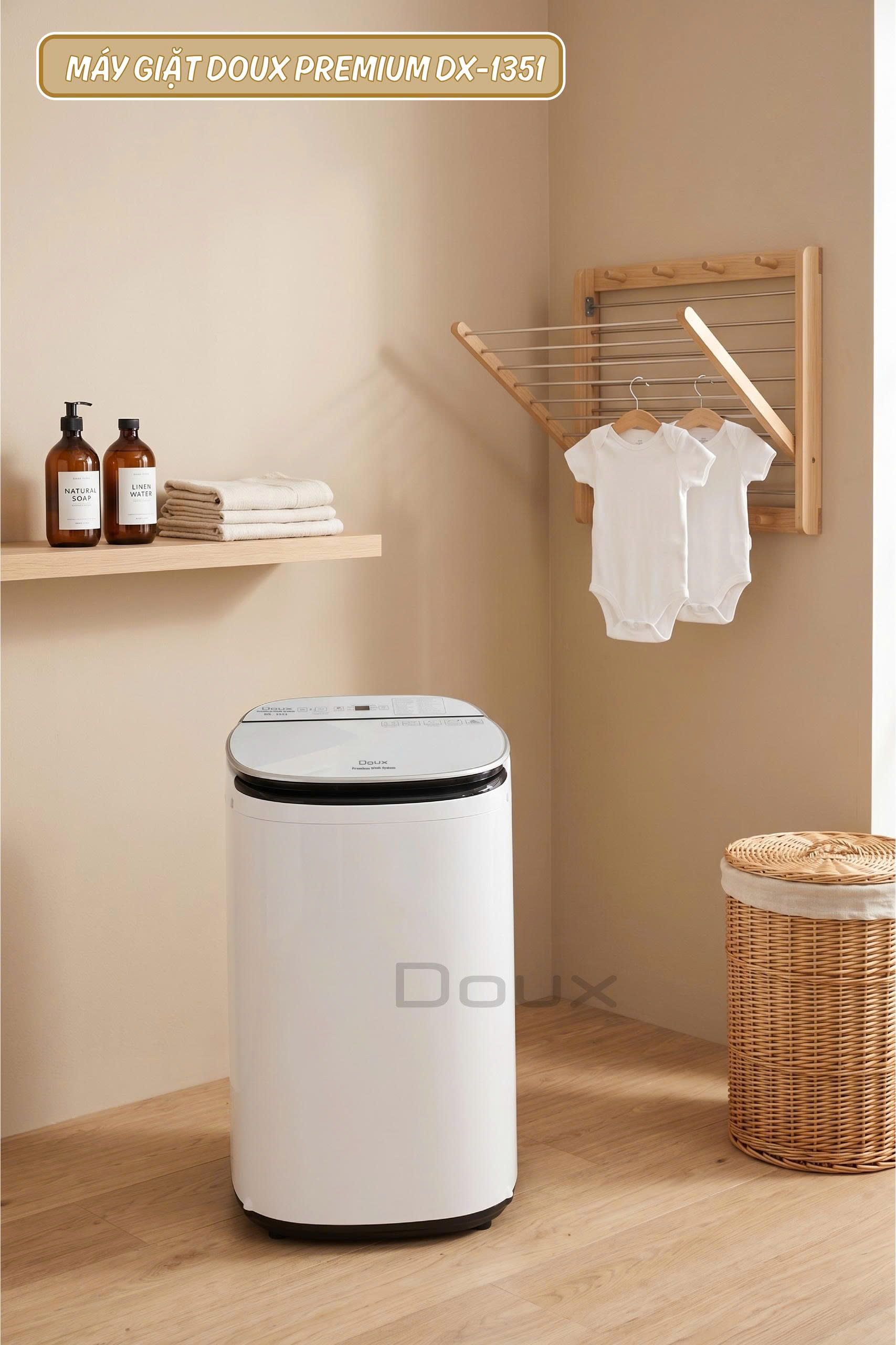 Máy giặt sấy Doux Premium DX-1351 4.5kg giặt đồ riêng cho bé, tích hợp sấy khô, 12 chương trình giặt-sấy, Inverter tiết kiệm điện, vận hành êm ái, nhỏ gọn.