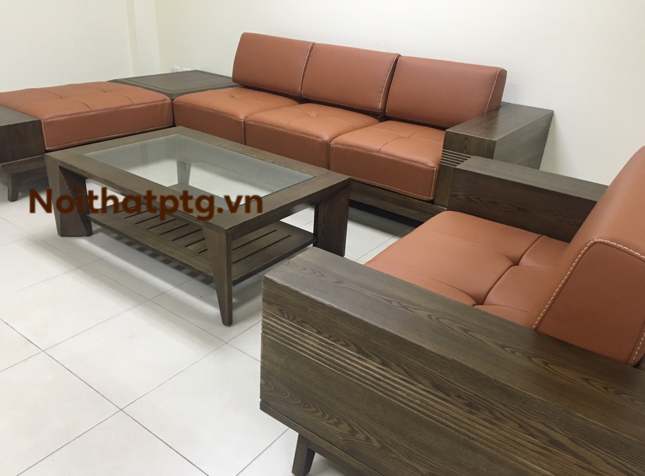 SOFA GỖ ĐỆM DA CAO CẤP CHỮ L