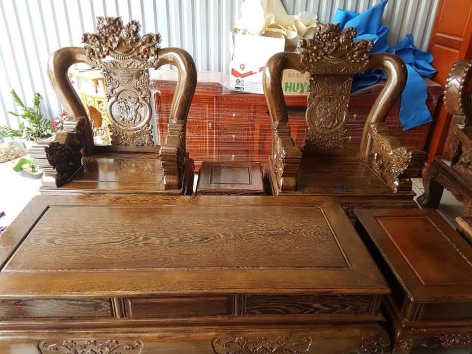 Bộ bàn ghế Nghê 3 Đầu gỗ mun