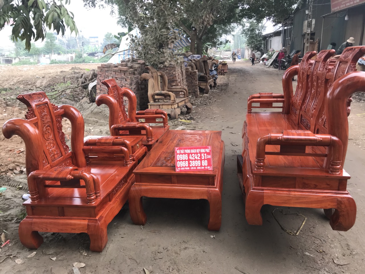 Bộ bàn ghế Tần Thủy Hoàng gỗ hương đá cột liền yếm liền