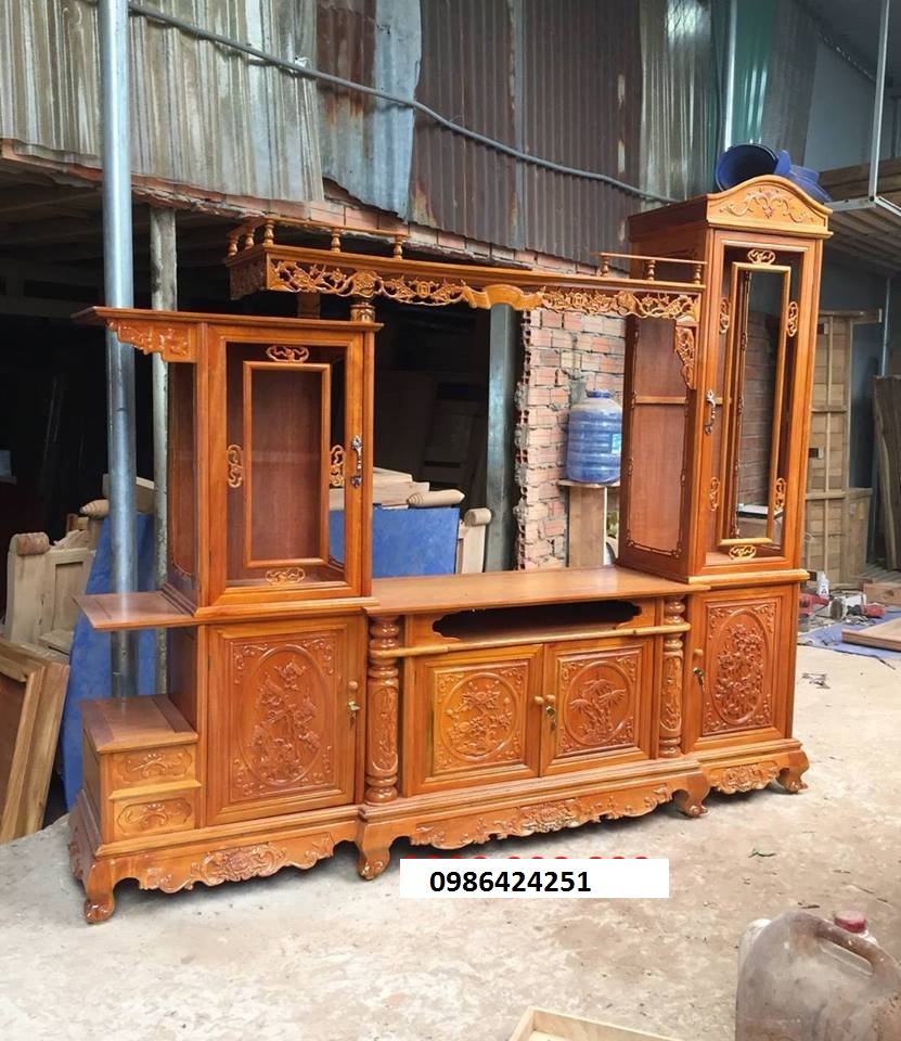 Kệ tivi kết hợp tủ rượu đôi gỗ gõ đỏ