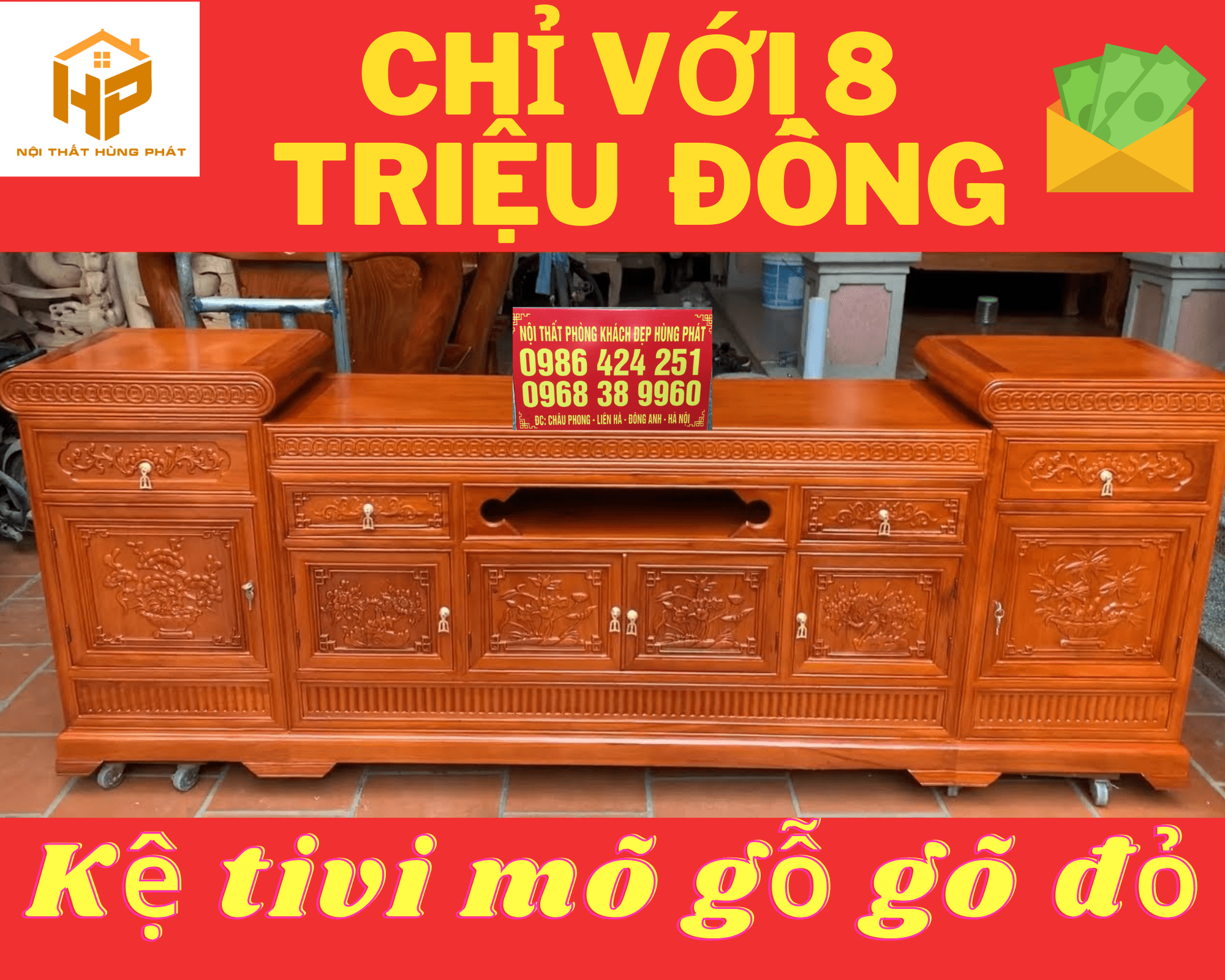 kệ tivi Mõ gỗ gõ đỏ