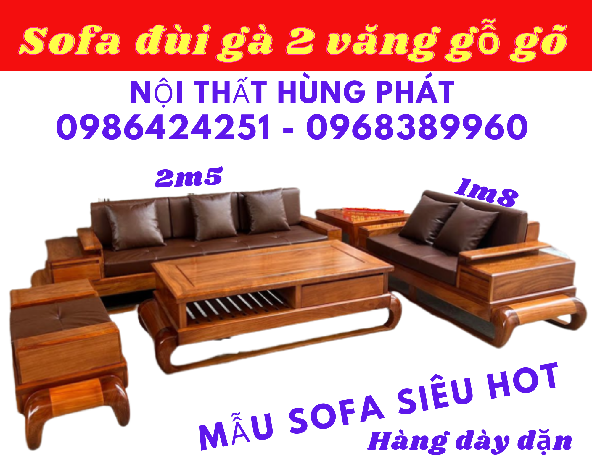 Sofa 2 văng đùi gà gỗ gõ đỏ