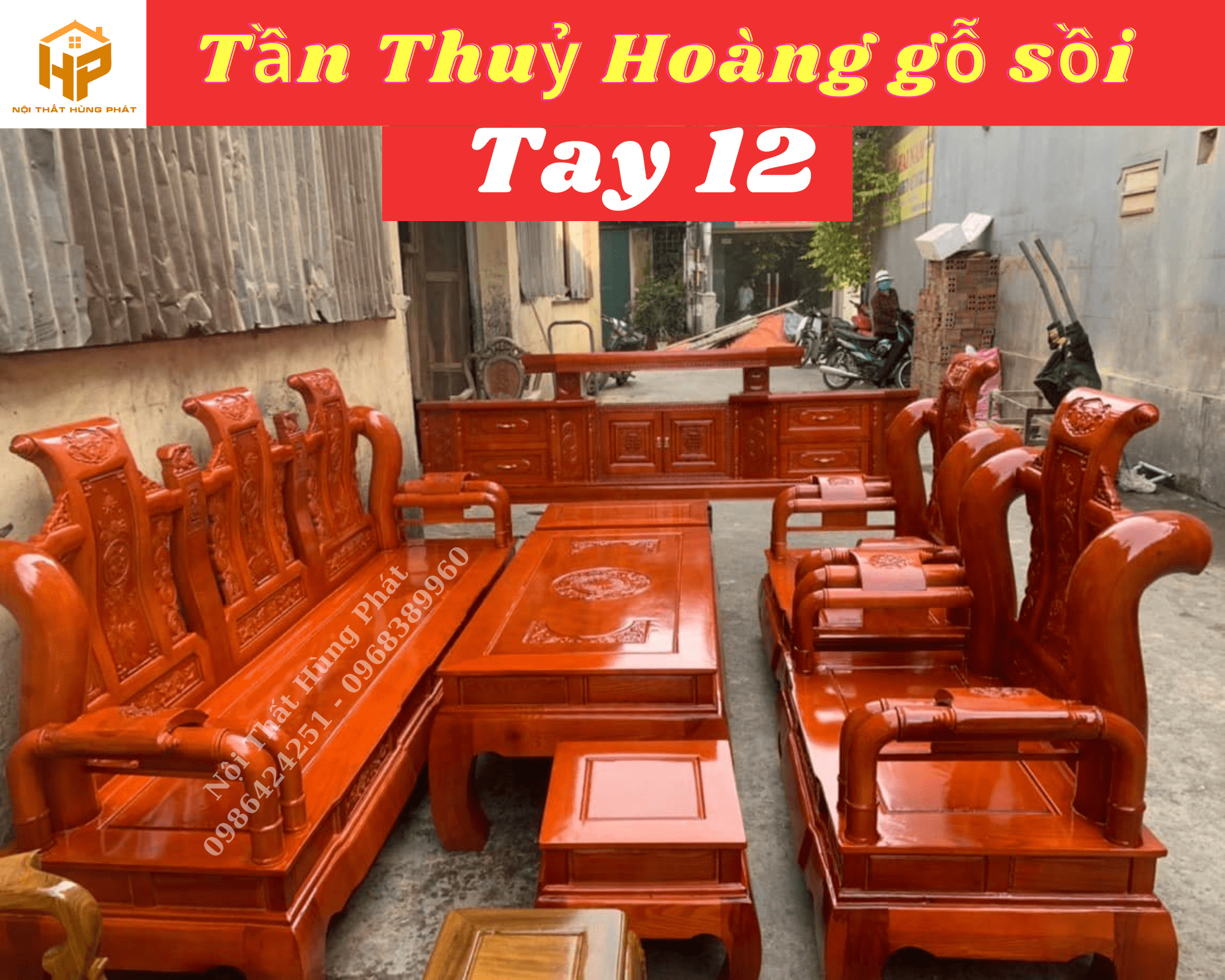 Bộ bàn ghế Tần Thuỷ Hoàng gỗ sồi cột 12 cột liền