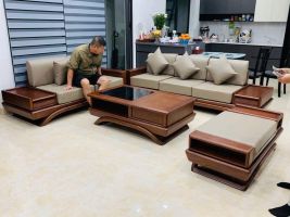 Sofa góc chữ L chân thuyền gỗ sồi