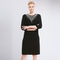 Sleeve Embellished Neckline Shift Dress