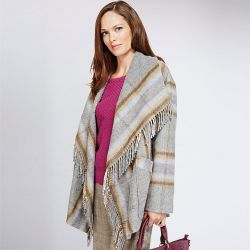 Fringed & Checked Blanket Coat with Wool