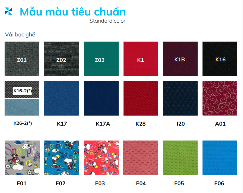 bảng màu vải ghế tiêu chuẩn sg550