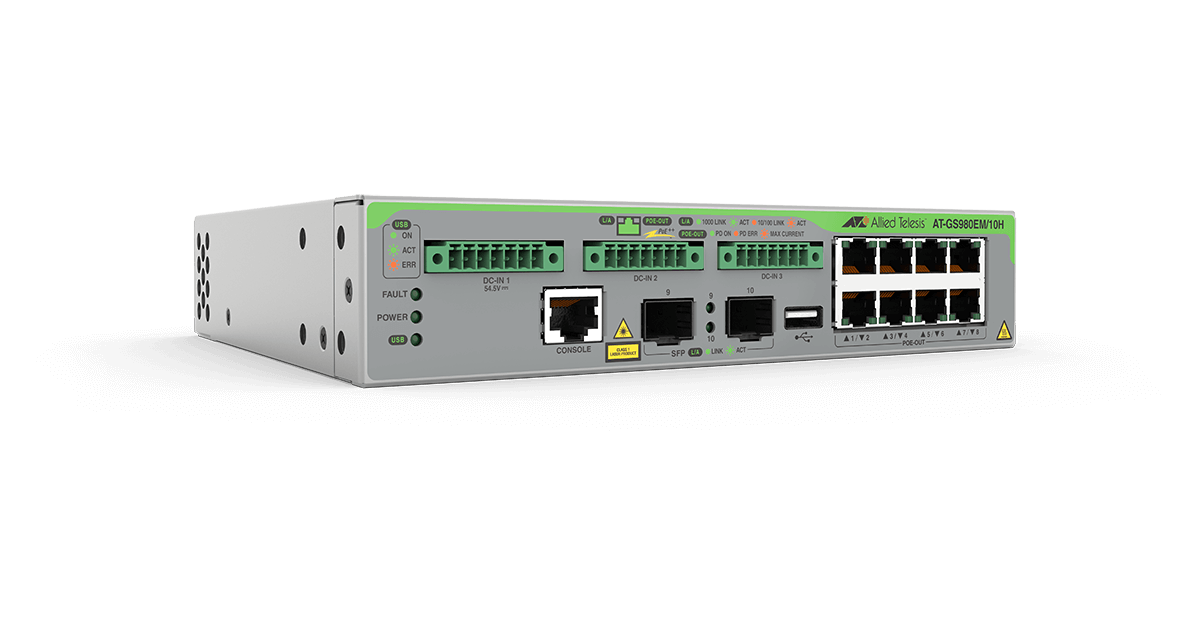 AT-GS980EM/11PT Allied Telesis 8 Ports 10/100/1000T PoE+ switch, 2 SFP ports, 1 PoE-in port
