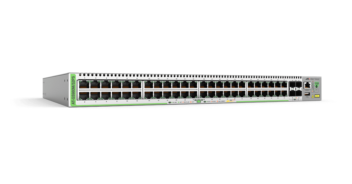 AT-GS980M/52PS Switch Allied Telesis 48 Ports POE+ 740W, 4 SFP slots Uplink