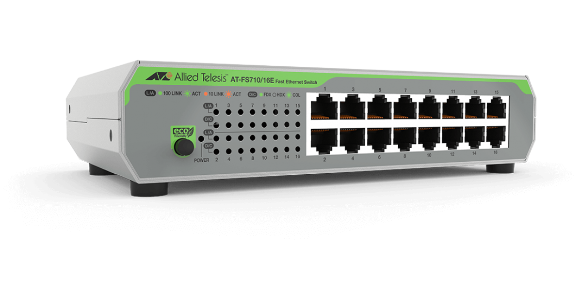 AT-FS710/16E Allied Telesis 16-port 10/100TX unmanaged switch, external PSU.