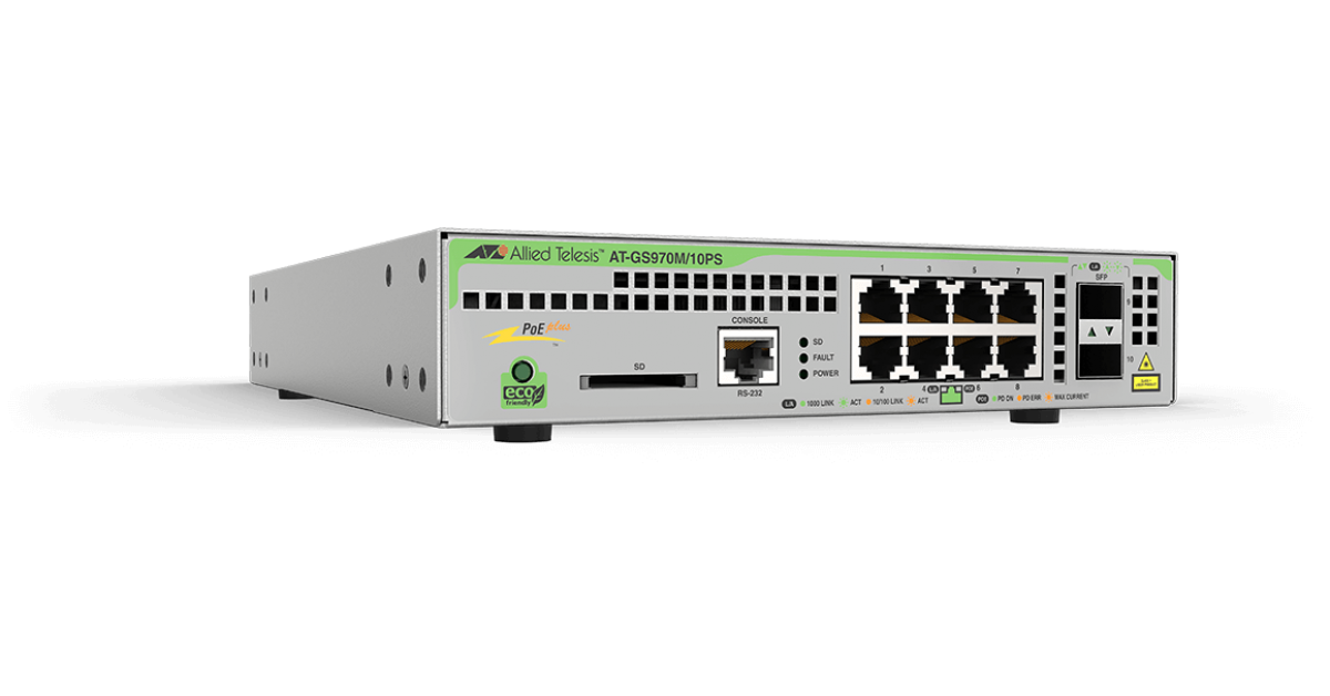 AT-GS970M/10PS-R Switch Allied Telesis 8 Ports PoE+ 124W, 2 SFP ports Uplink with rack mount kit