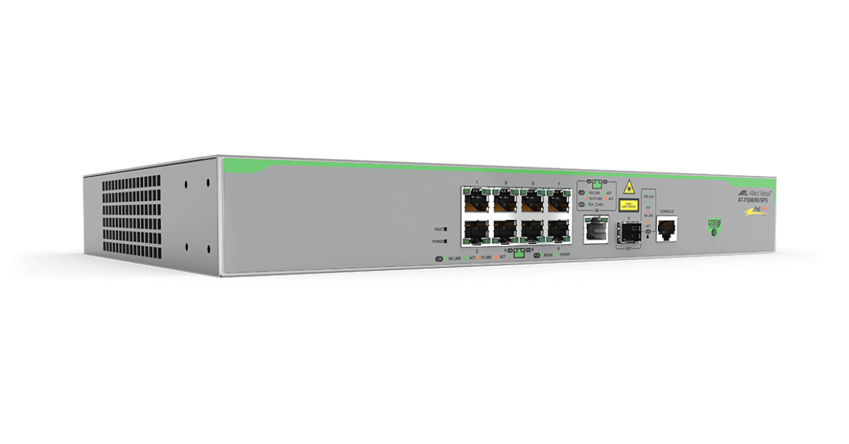 AT-FS980M/9PS Switch Allied Telesis 8 Ports 10/100TX PoE+ 150W, 1 Gigabit/SFP combo uplinks