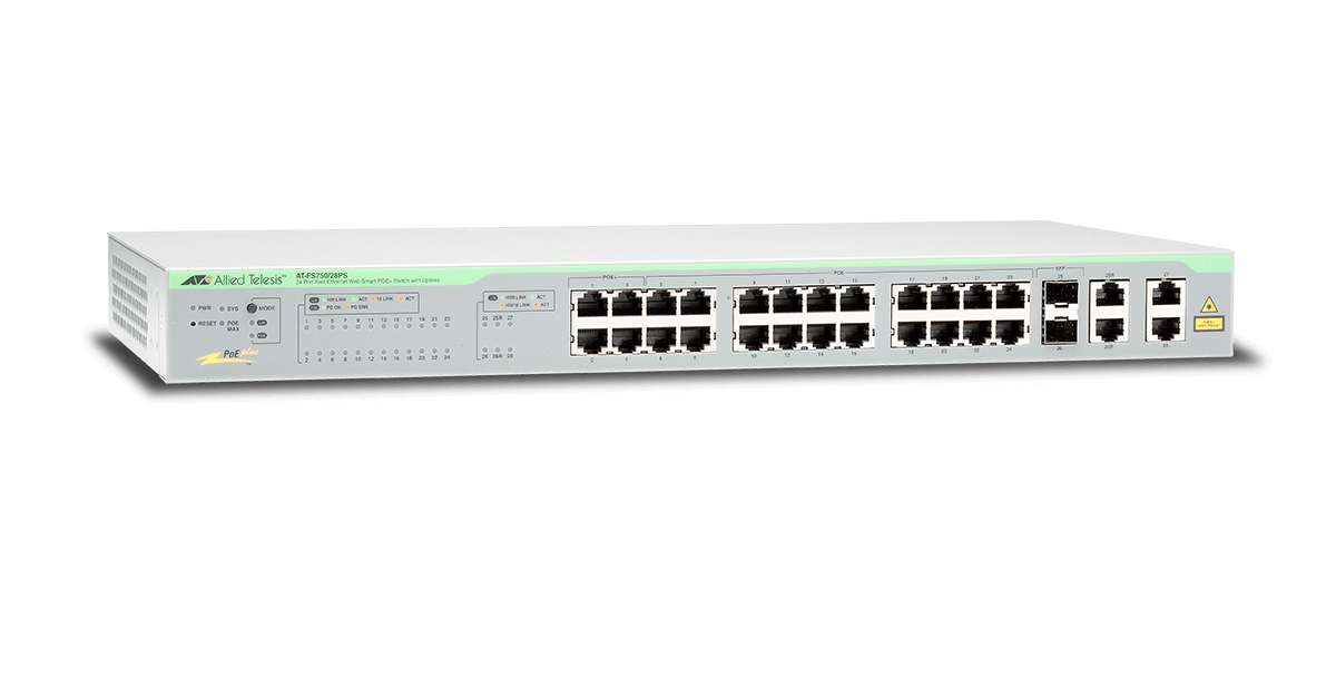 AT-FS750/28PS Switch Allied Telesis 24-port PoE+, 10/100TX 2 combo 1000T/SFP