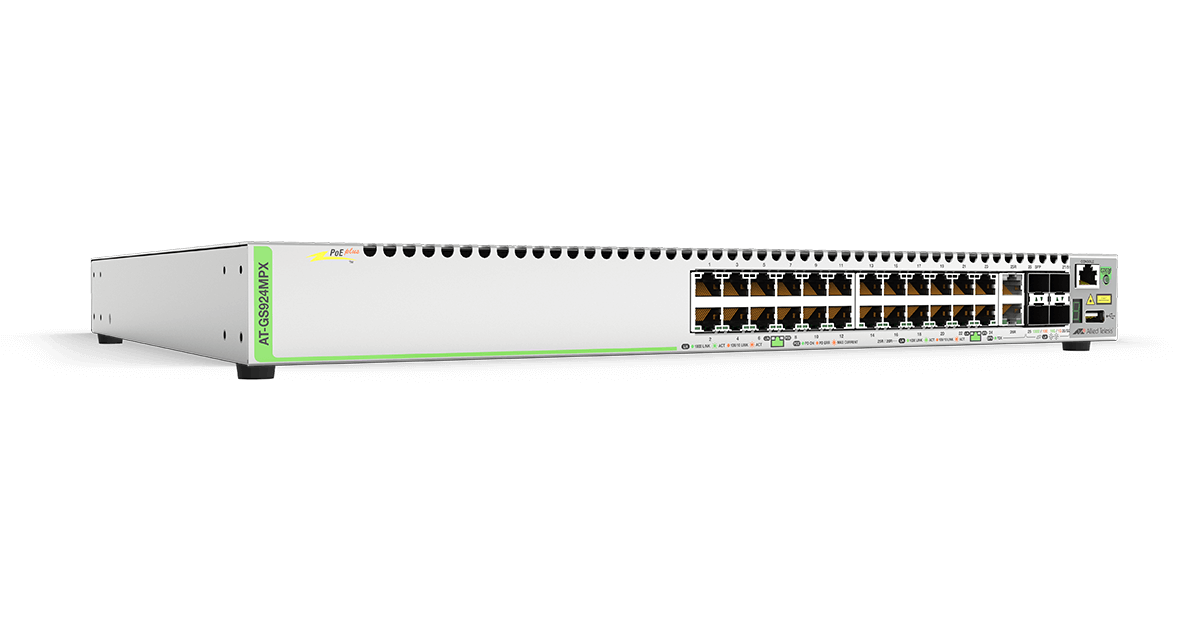 AT-GS924MPX Switch Allied Telesis Stackable 24 Ports PoE+ 370W, 2 Combo Uplink, 2 SFP+
