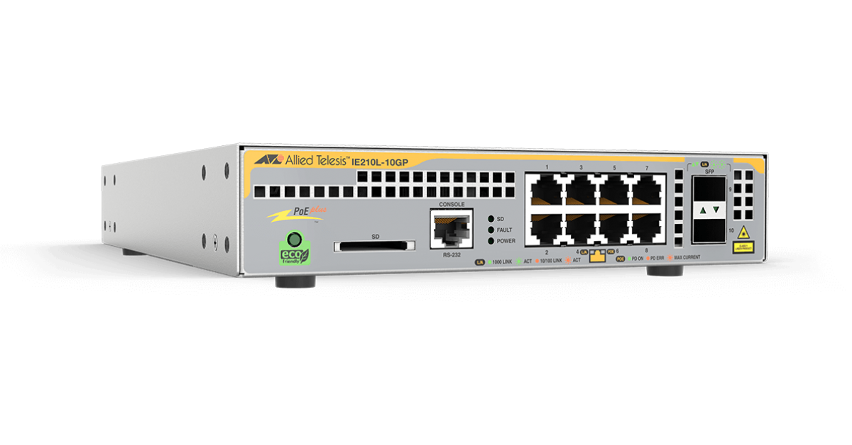 AT-IE210L-10GP Allied Telesis 8 Ports GE Layer 2, 2 SFP Uplink, Industrial Ethernet, PoE+ Support