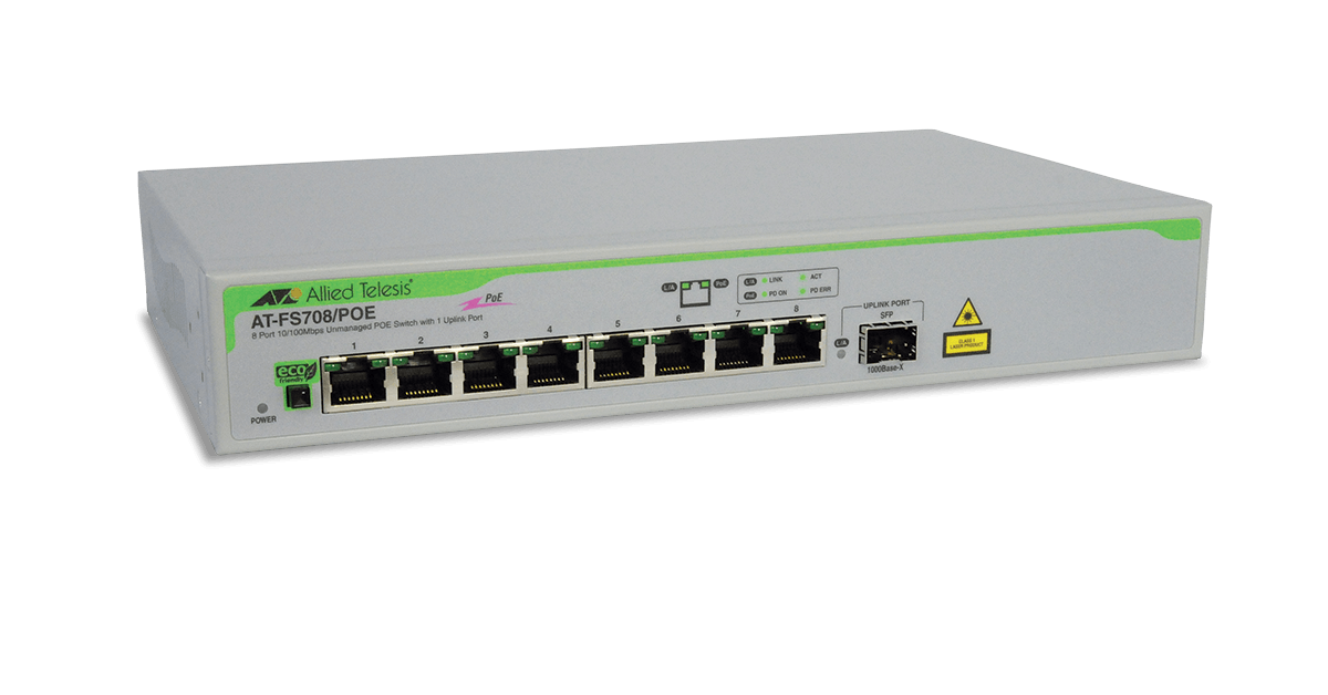 AT-FS708/POE Allied Telesis 8-port 10/100TX unmanaged PoE switch.