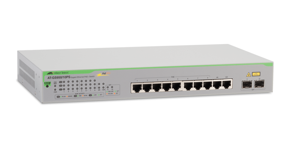 AT-GS950/10PS Allied Telesis 10 Ports GE (8 POE+ Enabled) WebSmart, 2 SFP Combo Ports