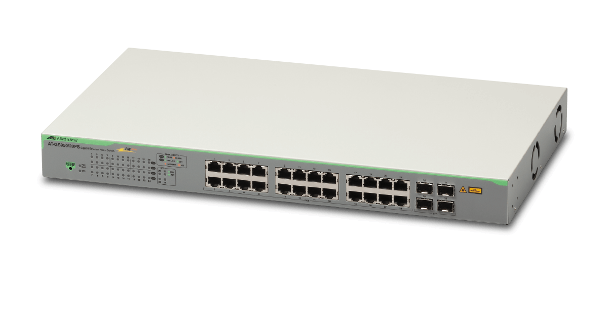 AT-GS950/28PS Switch Allied Telesis 24-port 10/100/1000T POE+ WebSmart switch with 4 SFP ports