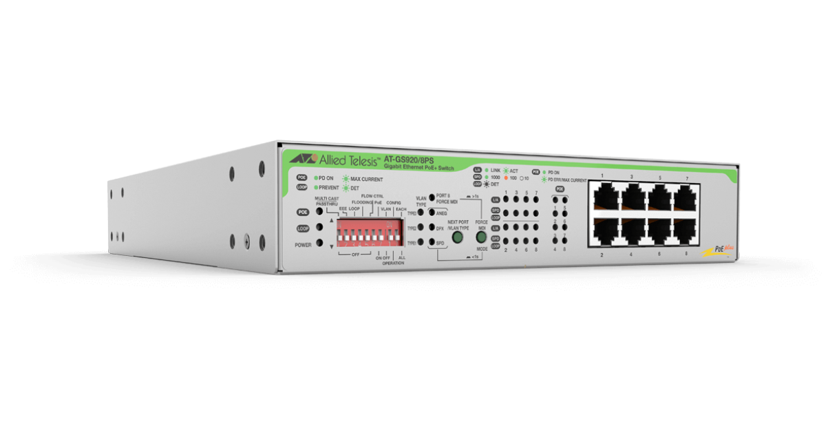 AT-GS920/8PS Switch Unmanaged Allied Telesis 8-port 10/100/1000T POE+