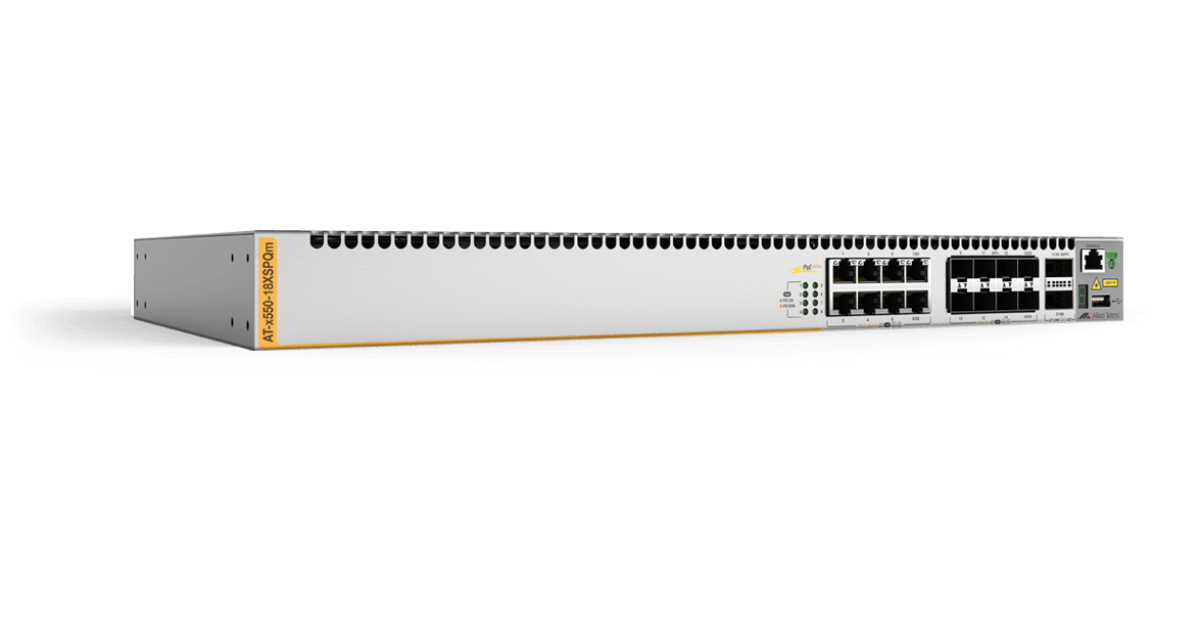 Allied Telesis 8 Ports 1G/2.5G/5G/10G BaseT PoE+, 8 Ports 1G/10G SFP+ stackable, 2 QSFP ports