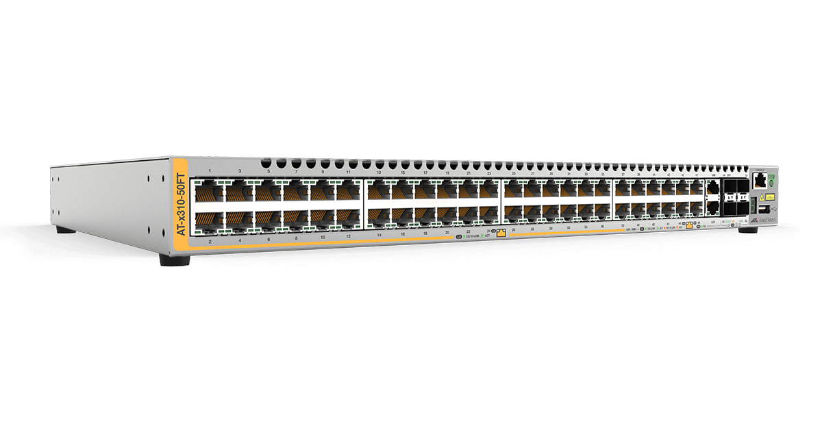AT-x310-50FT Switch Allied Telesis 48 Ports 10/100BASE-T switch, 2 Combo Ports, 2 Stacking Ports