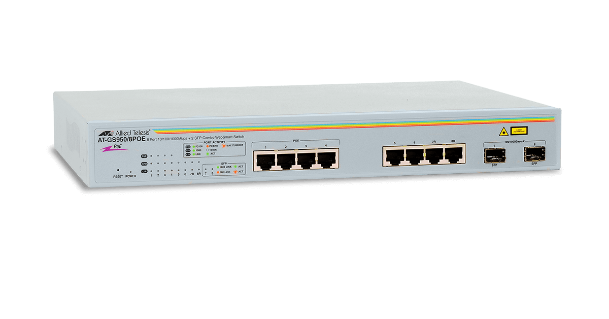 AT-GS950/8POE Switch Allied Telesis 8 Ports 10/100/1000T PoE fanless WebSmart, 2 SFP combo ports