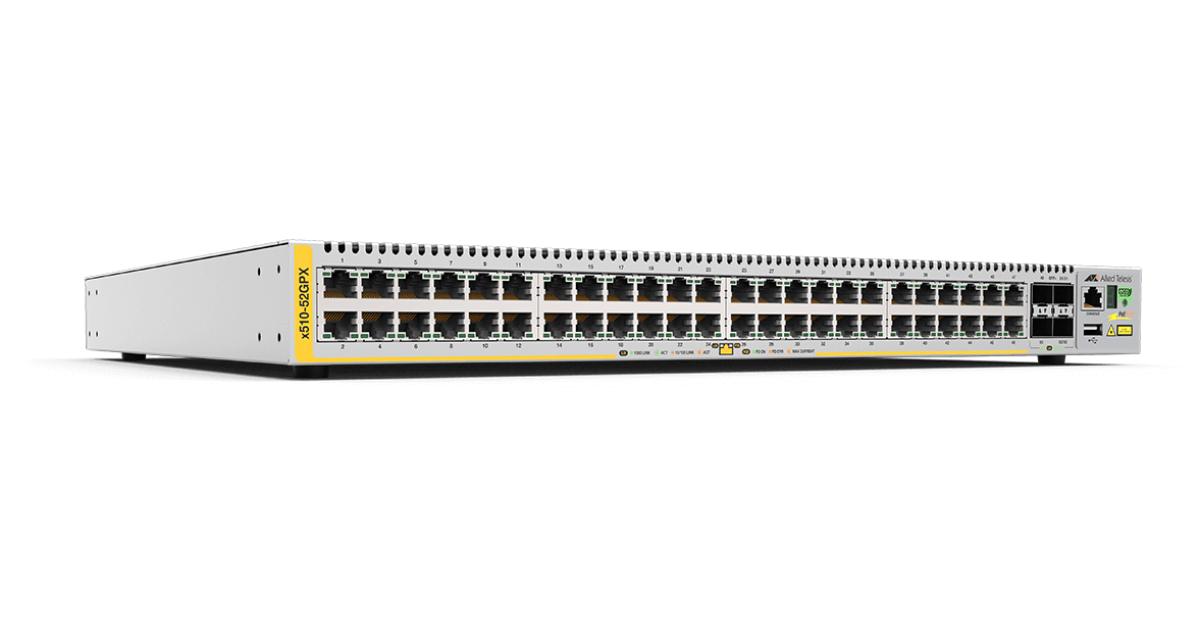 AT-x510-52GPX Allied Telesis 48 Ports 10/100/1000T PoE+ 370W stackable, 4 SFP+ ports and 2 Fixed PSU