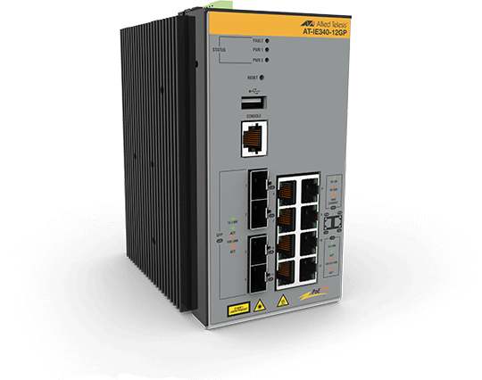 AT-IE340-12GP-80 Allied Telesis 8 GE RJ45, 4 SFP, Industrial Ethernet, Layer 3 Switch, PoE+ Support