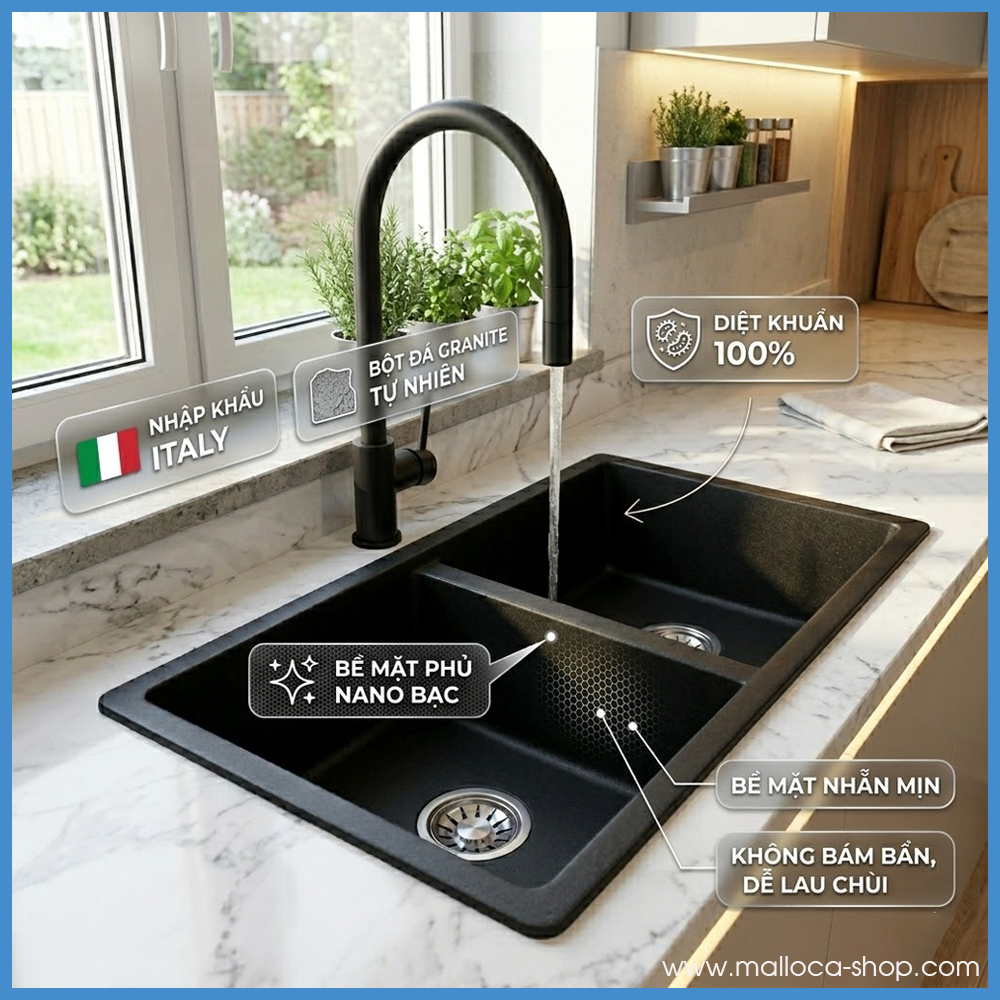 Chậu Rửa Đá Granite Nano Malloca Black K-45086