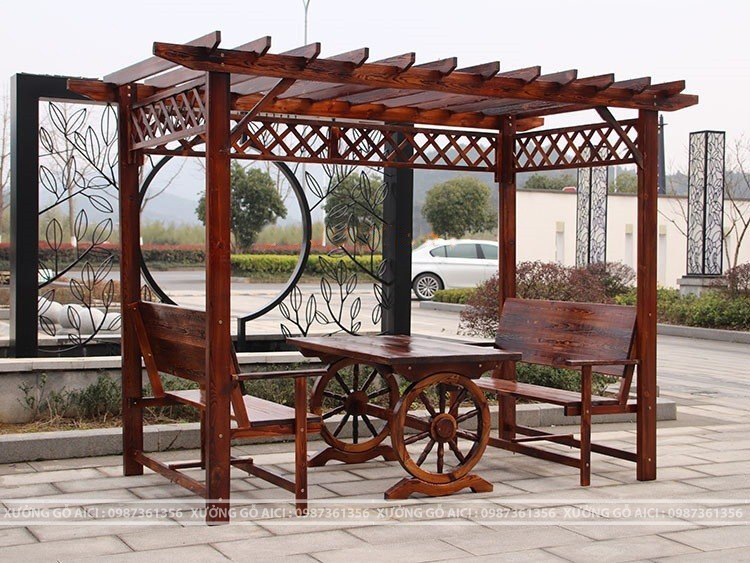 Làm chòi sân vườn-Chòi nghỉ sân vườn kèm bàn ghế gỗ