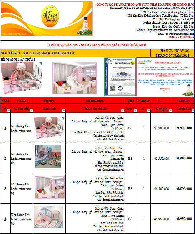 BÁO GIÁ NHÀ BÓNG LIÊN HOÀN MẦM NON MẪU MỚI