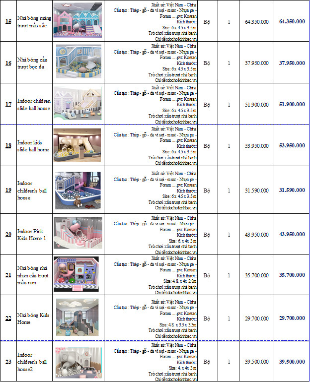 BÁO GIÁ NHÀ BÓNG LIÊN HOÀN MẦM NON MẪU MỚI