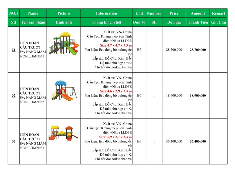 BÁO GIÁ NHÀ LIÊN HOÀN CẦU TRƯỢT VIỆT NAM