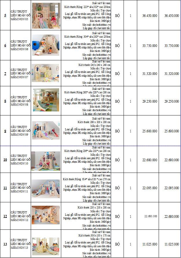 BÁO GIÁ CẦU TRƯỢT LIÊN HOÀN GỖ MẦM NON