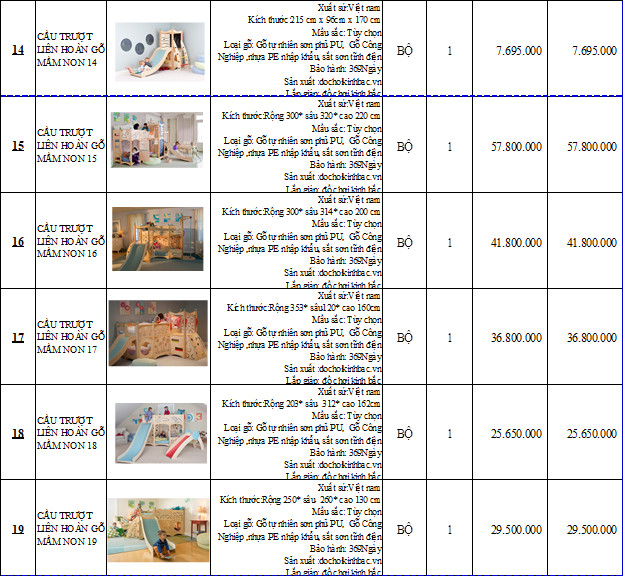 BÁO GIÁ CẦU TRƯỢT LIÊN HOÀN GỖ MẦM NON