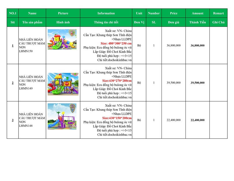 BÁO GIÁ NHÀ LIÊN HOÀN CẦU TRƯỢT MẦM NON