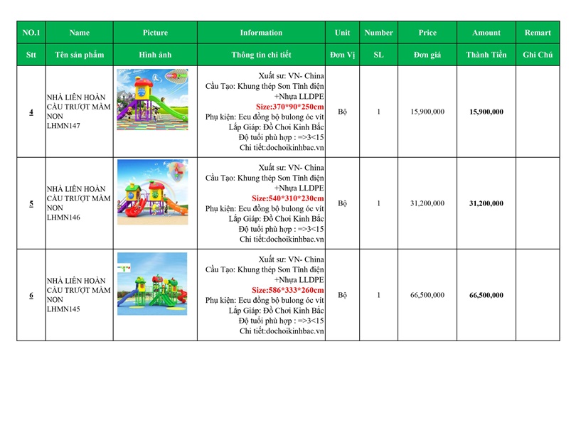 BÁO GIÁ NHÀ LIÊN HOÀN CẦU TRƯỢT MẦM NON