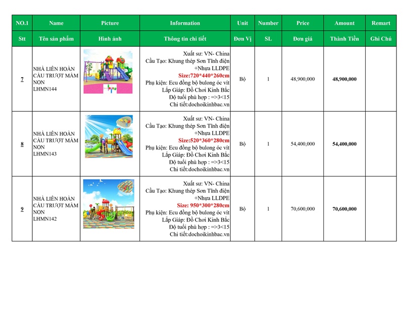 BÁO GIÁ NHÀ LIÊN HOÀN CẦU TRƯỢT MẦM NON