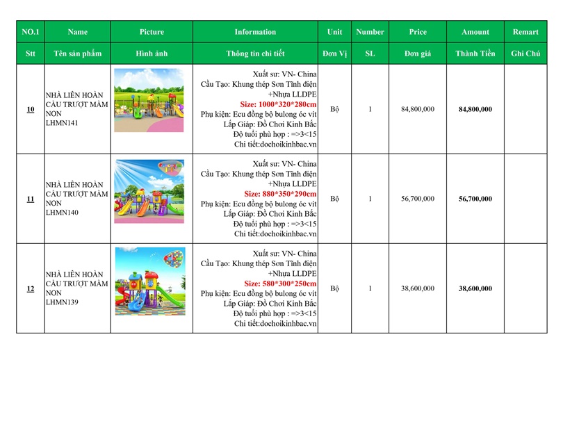 BÁO GIÁ NHÀ LIÊN HOÀN CẦU TRƯỢT MẦM NON