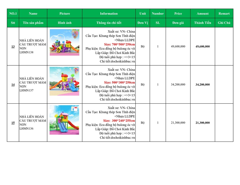 BÁO GIÁ NHÀ LIÊN HOÀN CẦU TRƯỢT MẦM NON