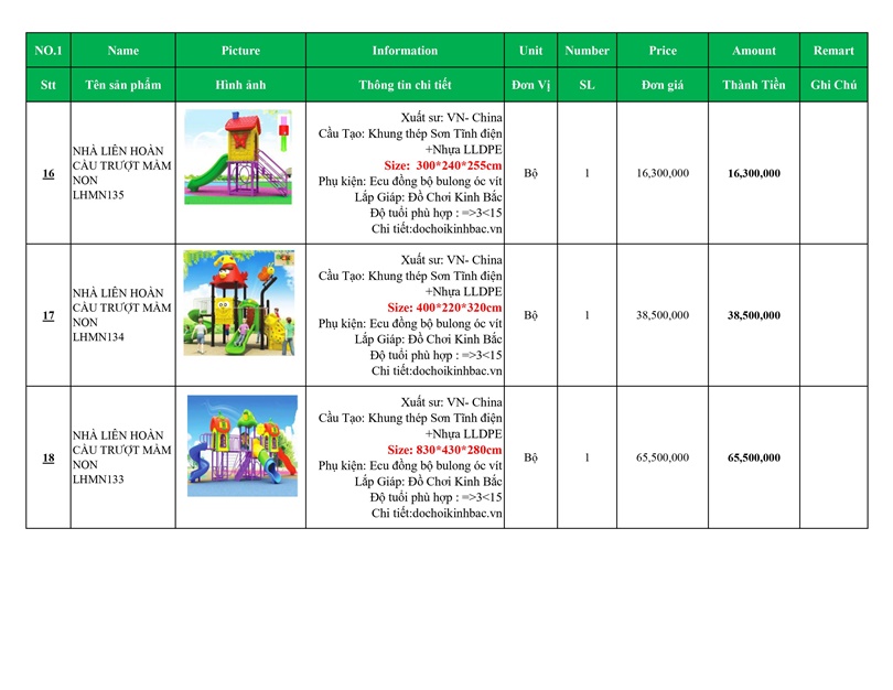 BÁO GIÁ NHÀ LIÊN HOÀN CẦU TRƯỢT MẦM NON