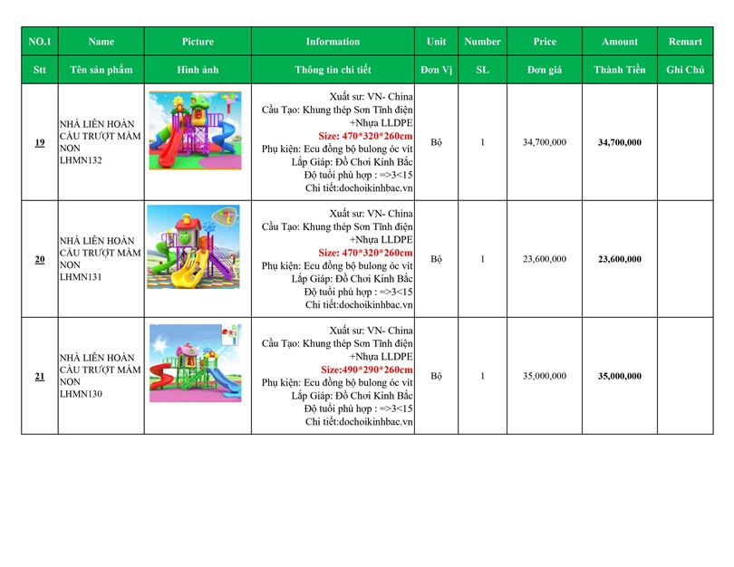 BÁO GIÁ NHÀ LIÊN HOÀN CẦU TRƯỢT MẦM NON