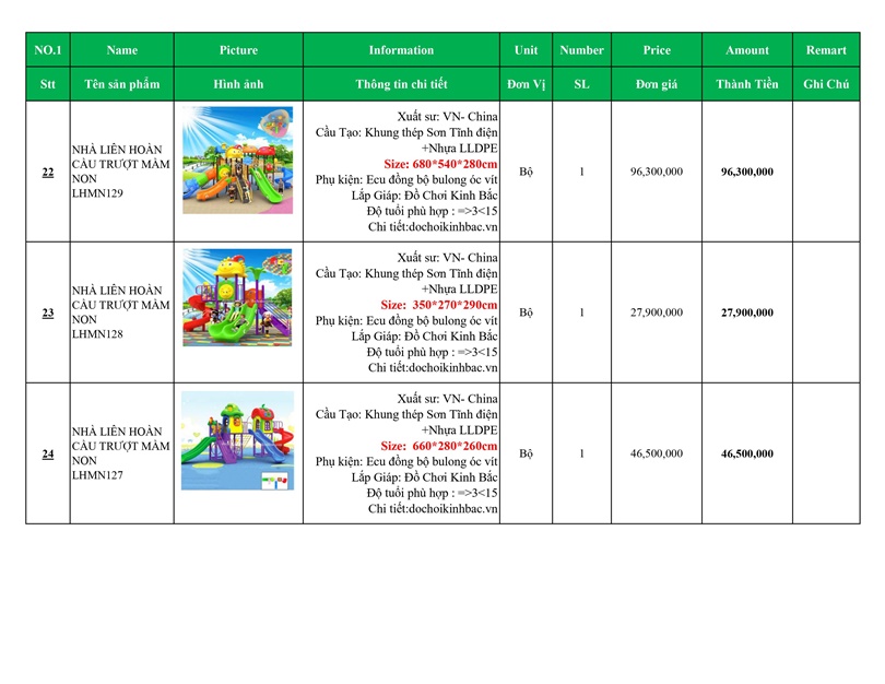 BÁO GIÁ NHÀ LIÊN HOÀN CẦU TRƯỢT MẦM NON