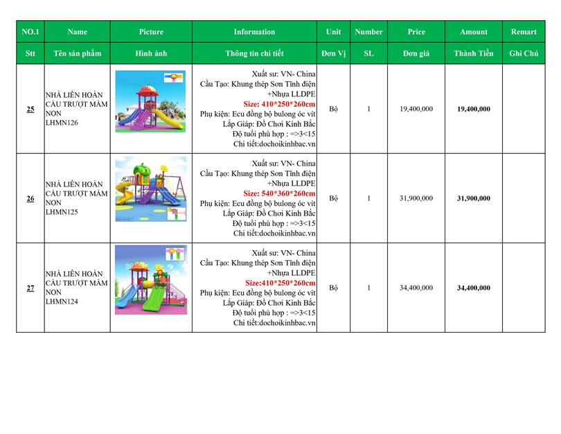 BÁO GIÁ NHÀ LIÊN HOÀN CẦU TRƯỢT MẦM NON