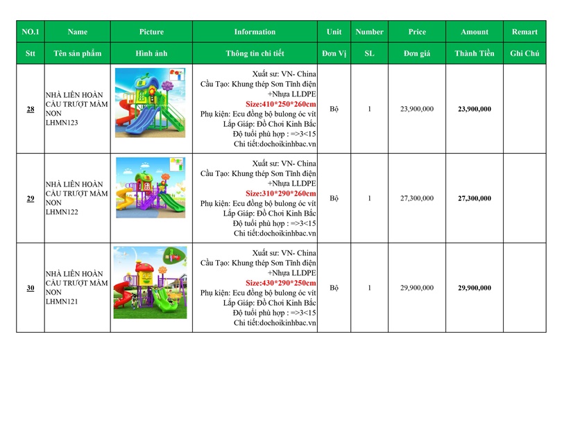 BÁO GIÁ NHÀ LIÊN HOÀN CẦU TRƯỢT MẦM NON