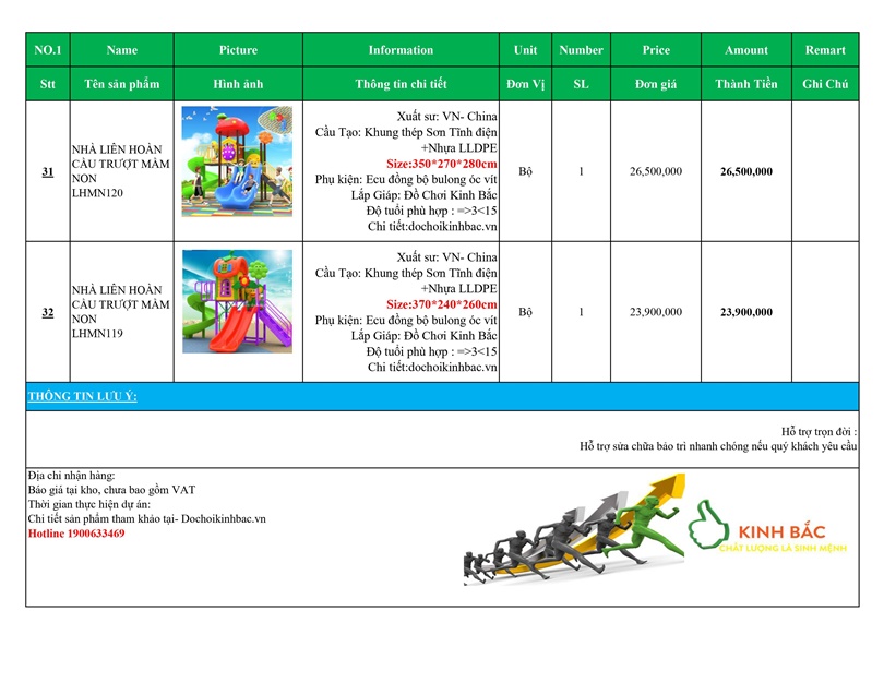 BÁO GIÁ NHÀ LIÊN HOÀN CẦU TRƯỢT MẦM NON